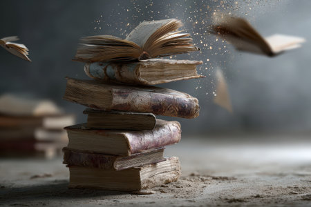 Old books stacked high with pages flying around in a mystical atmosphere filled with dust and mystery in a dimly lit roomの素材