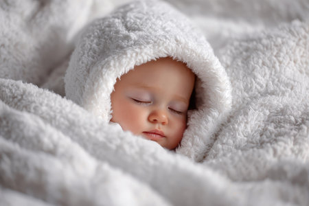 Softly nestled baby wrapped in cozy white bedding peacefully sleeping in a serene indoor environmentの素材