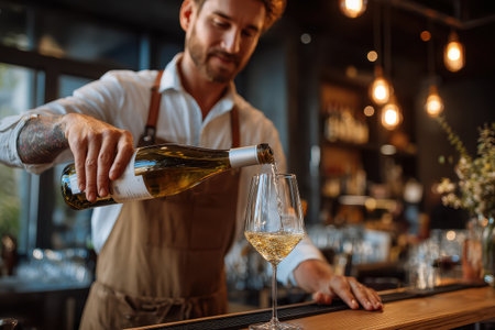 Bartender skillfully pours white wine from a bottle into a glass at a stylish bar during a vibrant eveningの素材