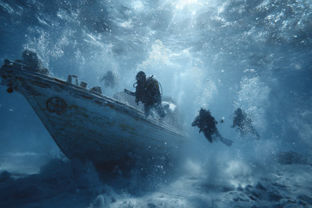 World Divers Day celebration showcases divers exploring an underwater wreck off a vibrant coral reef in clear blue waters at noonの素材