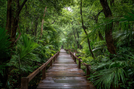 Exploring a wooden pathway through the lush tropical rainforest canopy on a rainy dayの素材