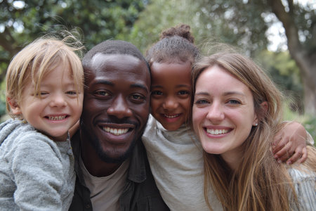 Happy interracial family enjoys a joyful day outdoors with children in a lush green park, capturing moments of love and togetherness in the sunshineの素材
