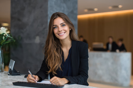 Woman reception mod assisting with registration process in a modern lobby setting during daytimeの素材