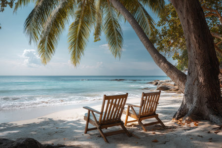Relaxing beach chairs under palm trees beside calm ocean water with gentle waves and a peaceful atmosphere near the shorelineの素材