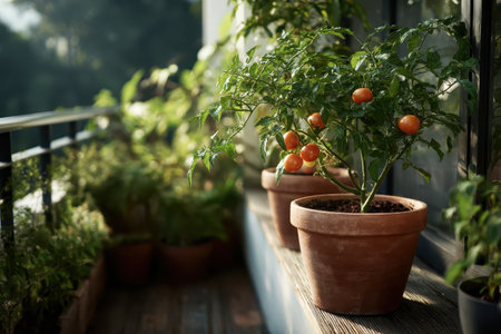 Potted vegetable and fruit plants thriving on a sunlit balcony during the morning hours in an urban settingの素材