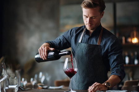 Expert sommelier skillfully pouring red wine into a glass at an elegant restaurant during an evening serviceの素材