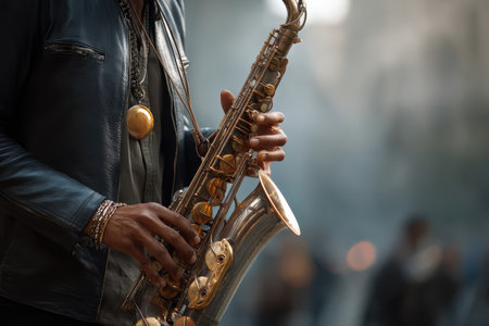 Saxophone player performs soulful jazz music at World Jazz Day festival in an urban setting during an afternoon gatheringの素材
