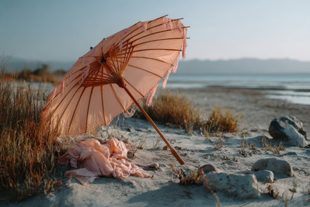Pastel peach beach umbrella leaning in soft sand with gentle waves and distant mountains during sunset hoursの素材