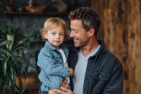 Father and child share a heartfelt moment during Father's Day celebration in a cozy indoor space filled with warmth and loveの素材