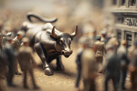 Detailed depiction of economic trends showcasing stock market fluctuations during a recession period in an urban financial districtの素材