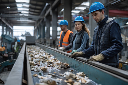 Workers sorting materials on a conveyor belt in a recycling plant during daylight hoursの素材