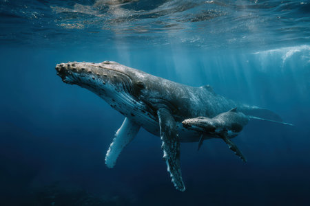 Mother and calf humpback whales swimming gracefully in the clear waters of Tonga showcasing their intimate bond and playful behaviorの素材