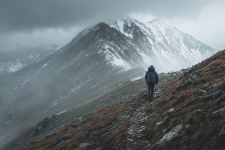 Hiking through misty mountains with snow-capped peaks under dramatic clouds during a challenging outdoor adventureの素材