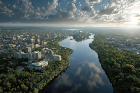 Aerial view of Ottawa and Gatineau showcases a vibrant cityscape along the Ottawa River amidst dramatic cloud formations during sunsetの素材