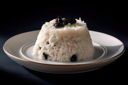 Delicious risotto served on a white dinner plate showcasing black olives and herbs against a dark backgroundの素材