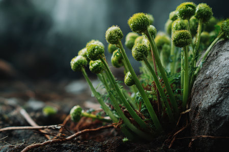 Green flowers sprouting from the earth, showcasing the beauty of nature's growth in a serene outdoor setting during early springの素材