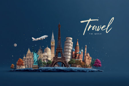 Exploring famous landmarks around the world with a travel theme, showcasing iconic sites and vibrant colors representing diverse cultures and global adventuresの素材