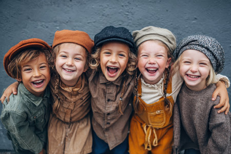 Five cheerful children of diverse backgrounds laughing together outdoors, showcasing joyful friendships and the beauty of childhood in a vibrant settingの素材