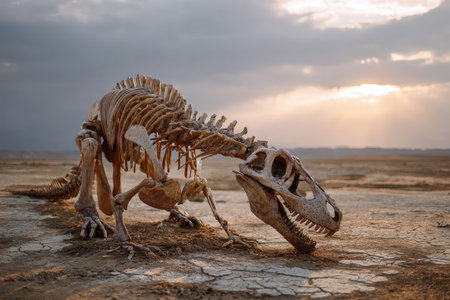 Skeleton of a dinosaur displayed in a desert landscape at sunset showcasing paleontological significance and geological formationsの素材