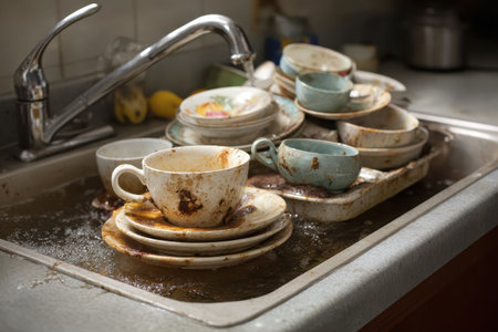 Pile of unwashed dirty dishes creating a mess in a kitchen sink filled with water and food residue at a late hourの素材