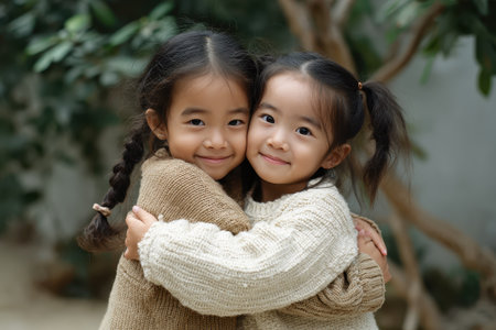 Two little girls happily embracing in a cozy outdoor setting surrounded by greenery during a sunny dayの素材
