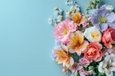 Bouquet of vibrant spring flowers arranged on a soft pastel blue background celebrating the beauty and freshness of the seasonの素材