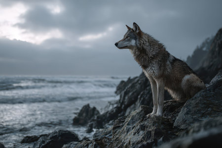 Hyperrealistic grey wolf in a contemplative pose overlooking rocky coastline at dusk with ocean waves crashing belowの素材