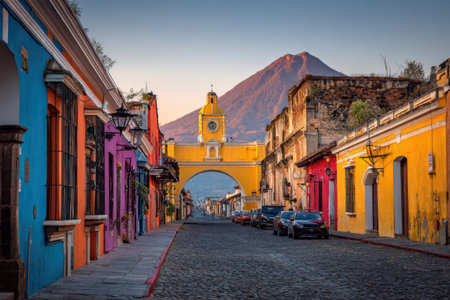 Colorful main street in Antigua showcases vibrant buildings and a historic archway against a backdrop of looming volcanoes at sunsetの素材
