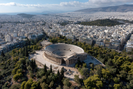 Exploring the ancient grandeur of the Panathenaic Stadium surrounded by modern Athens during a clear dayの素材