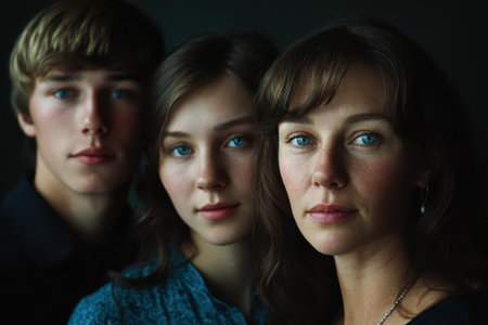 Portrait of adult siblings posing together in a dimly lit space, capturing their expressions and connection in a realistic styleの素材