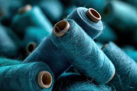 Turquoise thread spools arranged creatively in a crafting space showcasing various textures perfect for sewing and home projectsの素材