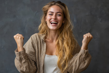 Joyful woman expressing excitement with raised fists against a textured dark background, showcasing her happiness and satisfaction in a moment of triumphの素材