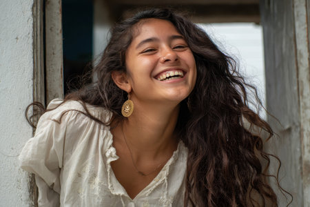 Portrait of a laughing Mexican girl with long curly hair enjoying her beauty in a cozy outdoor setting during a bright sunny dayの素材