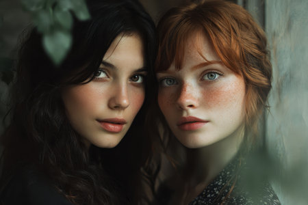 Two stunning partners pose closely together, showcasing their natural beauty and charm in a serene indoor setting surrounded by soft light and greeneryの素材