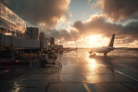 Morning sunlight illuminates modern airport terminal with aircraft preparing for departure and vibrant clouds in the skyの素材
