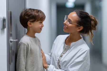 Supportive mom encouraging her son as he prepares to enter an important medical cabinet located in a modern hospital corridorの素材