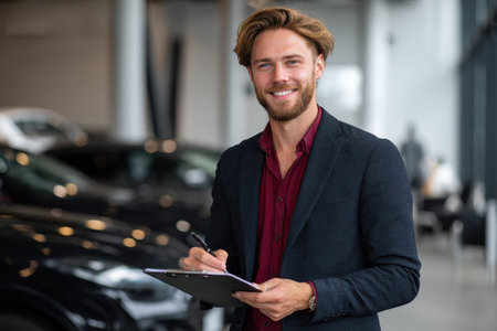 Cheerful young man customer purchases new vehicle at dealership while smiling and engaging with staff in bright, modern showroom during the dayの素材