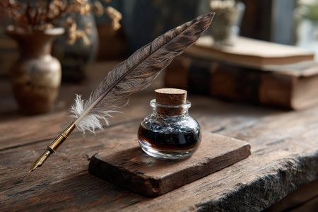 Quill pen resting next to glass inkwell on rustic wooden desk with worn books and dried flowers in cozy room atmosphereの素材