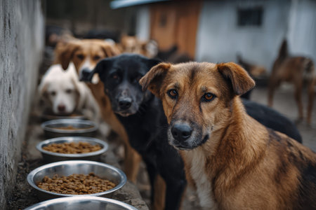 Shelter animals eagerly awaiting their meal during feeding time at an animal rescue center located outdoors in a community yardの素材