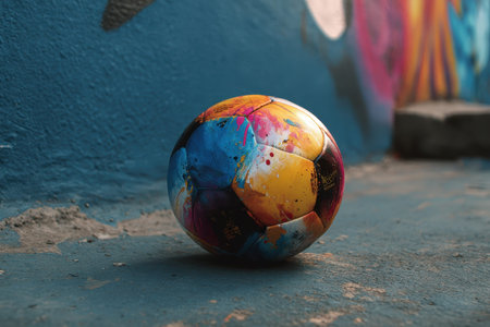 Colorful abstract football resting on a blue surface surrounded by vibrant wall art in an urban setting during daylight hoursの素材