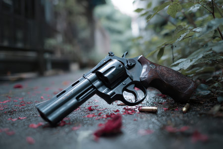 Close-up view of a modern revolver resting on a weathered path surrounded by fallen petals and spent casings in a tranquil, overgrown urban settingの素材