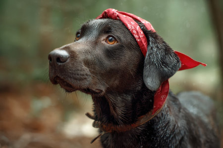 Labrador dog wearing a red bandana looks curious and attentive in a lush forest setting with soft sunlight filtering through the trees during a late afternoon strollの素材