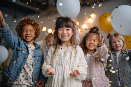Multicultural group of happy children celebrating together indoors with balloons and confetti during a joyful party atmosphere in the afternoonの素材