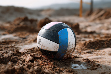 Realistic mockup of an isolated volleyball resting in sandy beach terrain under clear skies, showcasing the sport's equipment for summer beach activitiesの素材