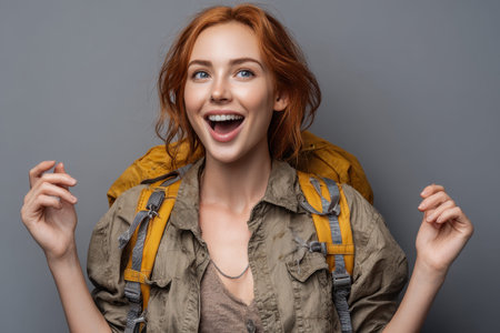 Excited tourist woman wearing casual clothes and a backpack expresses joy while preparing for her adventure at a popular travel destination in the afternoon lightの素材