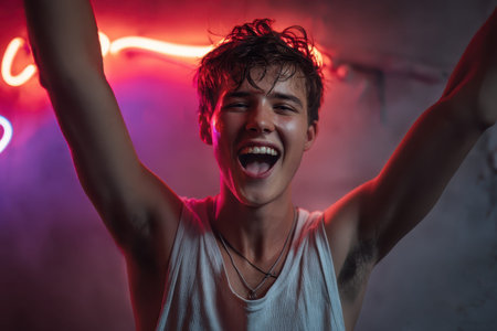 Victorious young man celebrates his achievement under vibrant neon lights in an energetic atmosphereの素材