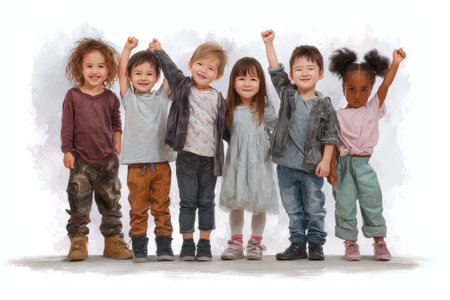 Happy children celebrating together, showcasing joy and enthusiasm during a community event in a park on a sunny afternoonの素材
