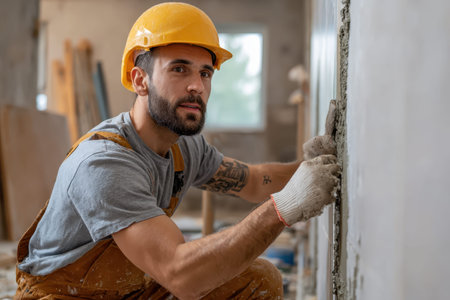 Male construction worker skillfully installing a large ceramic tile in a residential building during daylight hoursの素材
