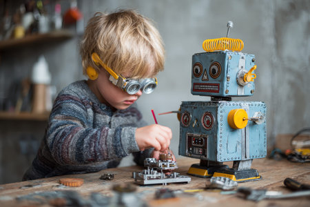 Little boy engaged in hands-on robotics learning at technology school, assembling and managing his own robot creation in a creative workshop environmentの素材