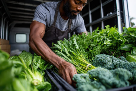Man unloading fresh vegetables from delivery truck in urban area during daytime, showcasing a variety of greens and healthy produce for local marketsの素材